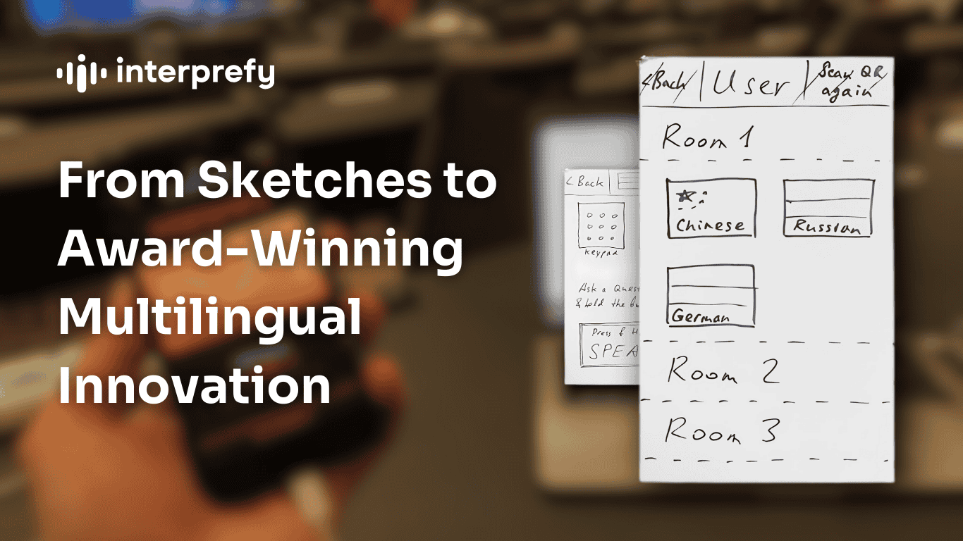 Image with text and first Interprefy solution sketch showcasing Interprefy's Evolution