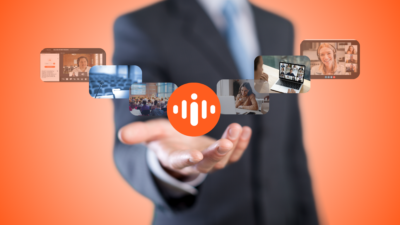 An outstretched hand of a person in a suit presenting various virtual and in-person communication elements, including video calls, webinars, online meetings, and in-person conferences, surrounding the Interprefy logo, all set against an orange gradient background.