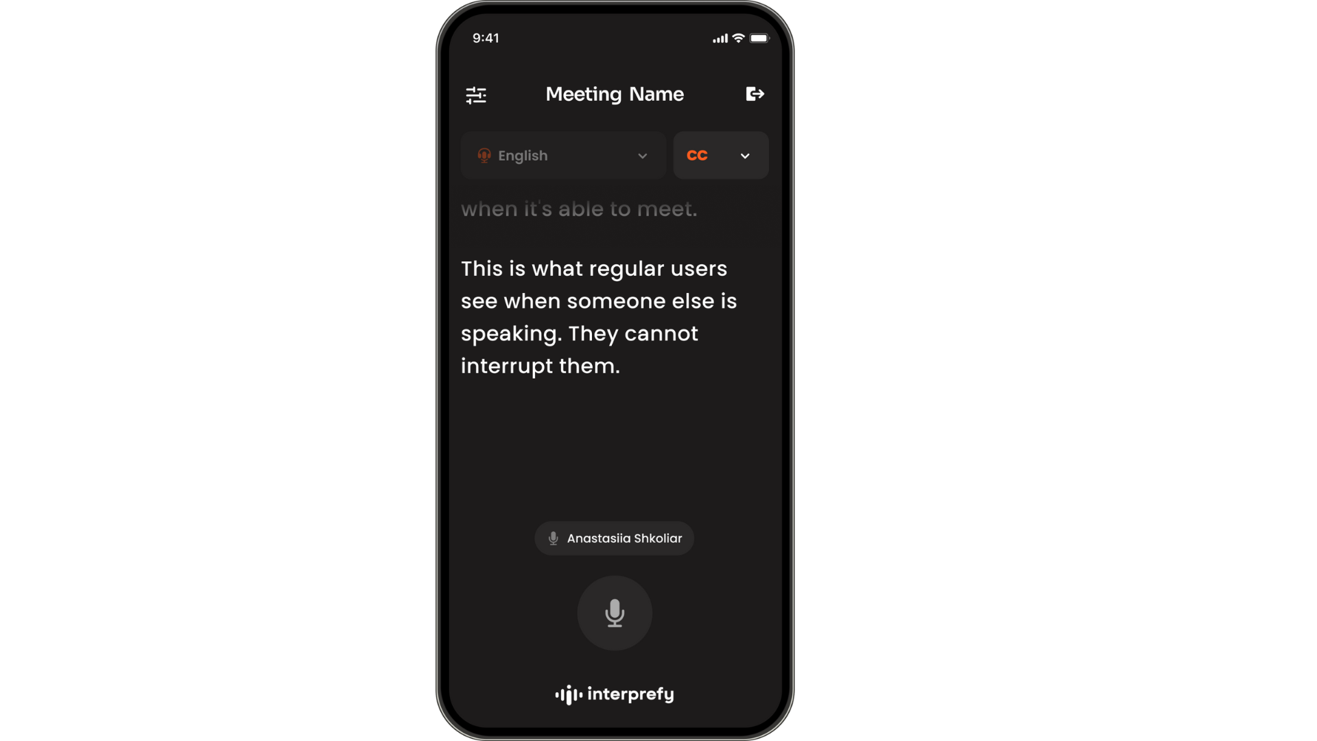 Interprefy Now Other user speaking UI mock-up 